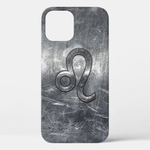 Leo Zodiac Symbol in Silver Steel Style iPhone 12 Case