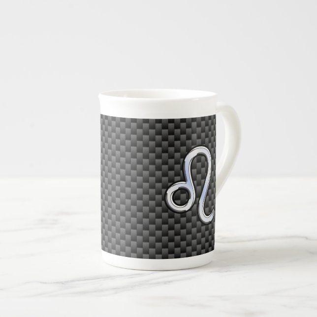 Leo Zodiac Symbol on Charcoal Carbon Fibre Decor Bone China Mug (Front Right)