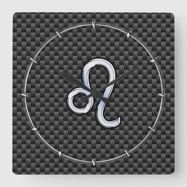 Leo Zodiac Symbol on Charcoal Carbon Fibre Decor Square Wall Clock (Front)