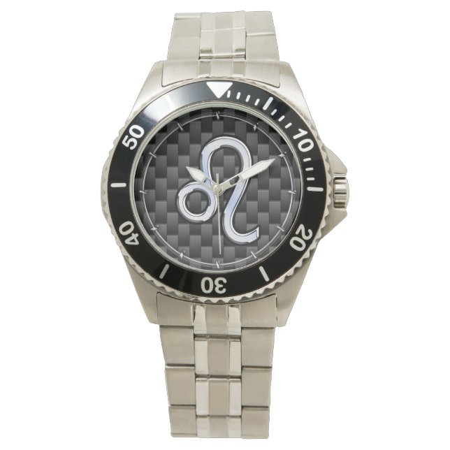 Leo Zodiac Symbol on Charcoal Carbon Fibre Decor Watch (Front)