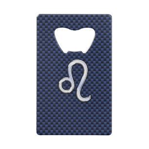 Leo Zodiac Symbol on Navy Blue Carbon Fibre Print Credit Card Bottle Opener