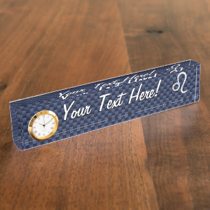 Leo Zodiac Symbol on Navy Blue Carbon Fibre Print Nameplate