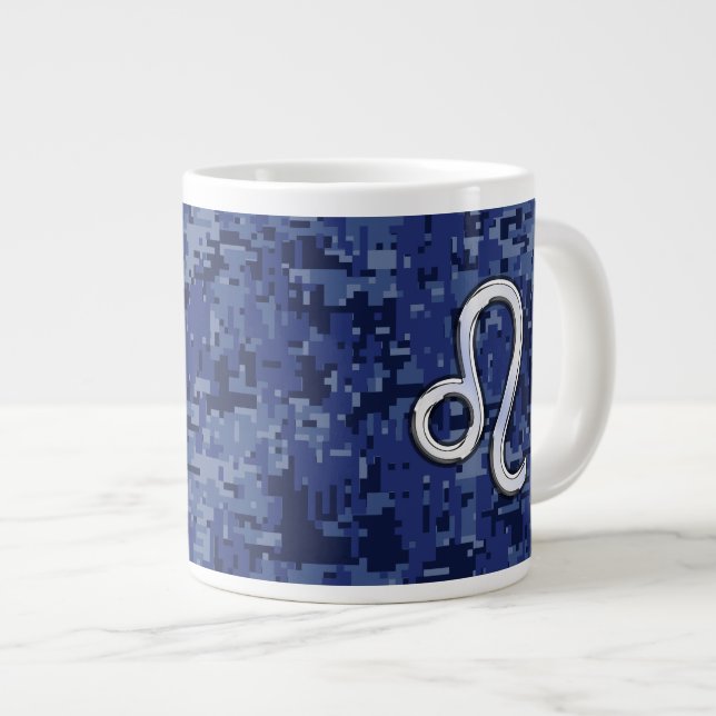 Leo Zodiac Symbol on Navy Blue Digital Camo Large Coffee Mug (Front Right)