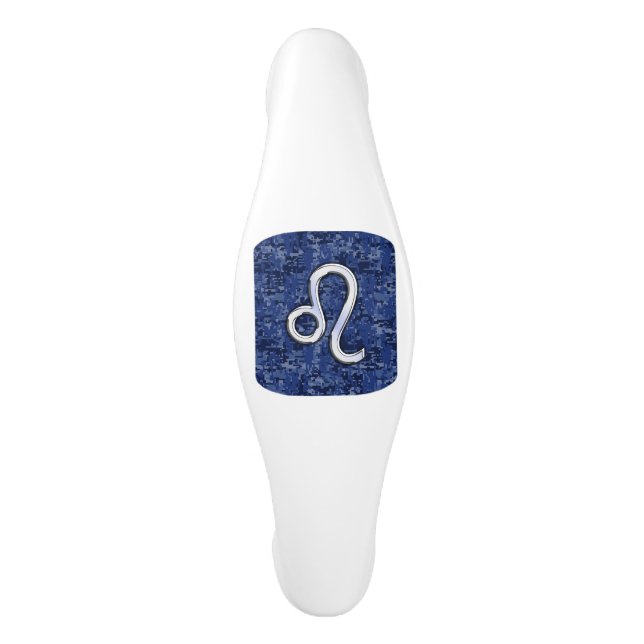 Leo Zodiac Symbol on Navy Blue Digital Camouflage Ceramic Cabinet Pull (Front)