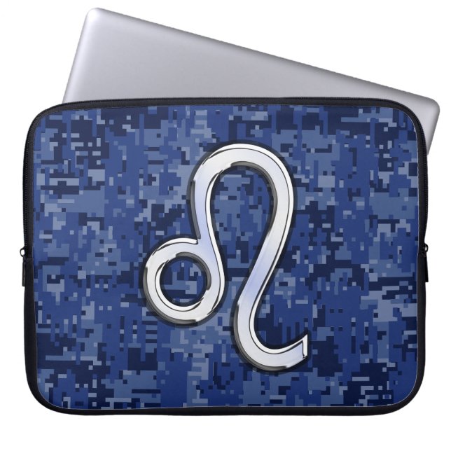 Leo Zodiac Symbol on Navy Blue Digital Camouflage Laptop Sleeve (Front)