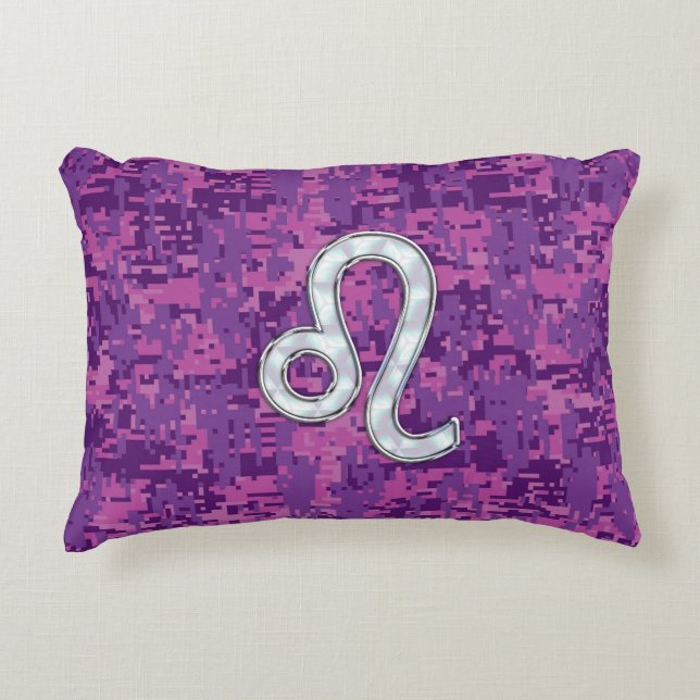 Leo Zodiac Symbol on Pink Fuchsia Digital Camo Accent Pillow (Front)