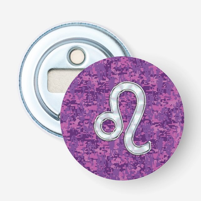 Leo Zodiac Symbol on Pink Fuchsia Digital Camo Bottle Opener (Front)