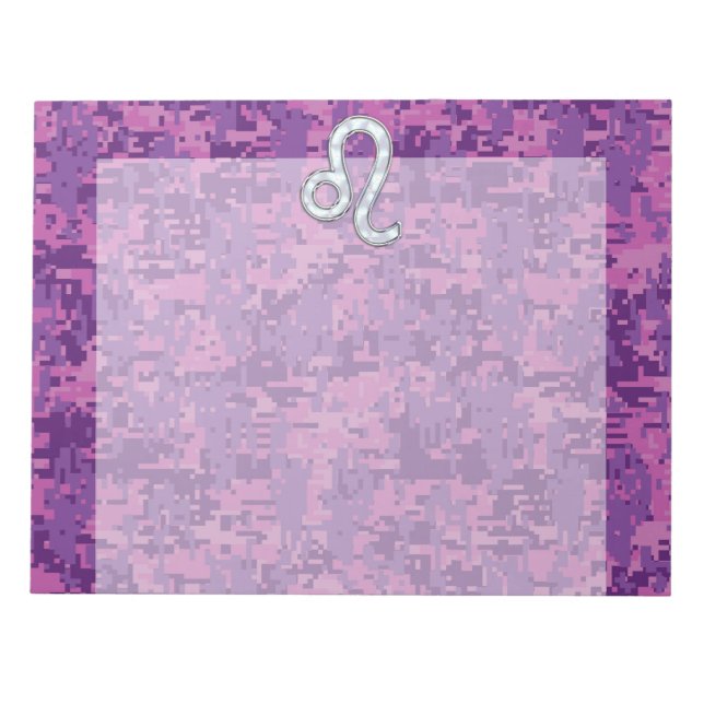 Leo Zodiac Symbol on Pink Fuchsia Digital Camo Notepad (Front)