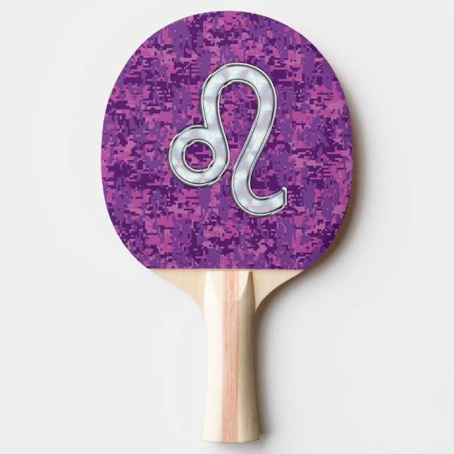 Leo Zodiac Symbol on Pink Fuchsia Digital Camo Ping Pong Paddle (Front)