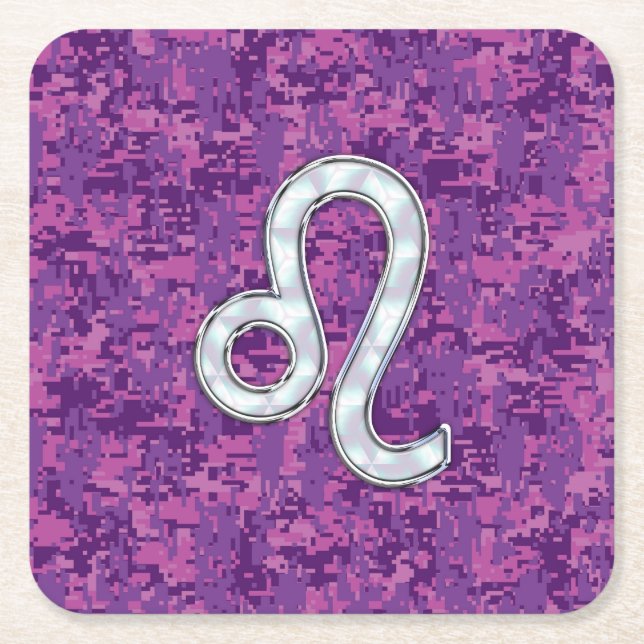 Leo Zodiac Symbol on Pink Fuchsia Digital Camo Square Paper Coaster (Front)