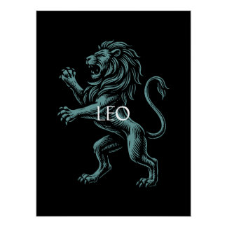 Leo Zodiac – Vintage Lion in Teal on Black Poster