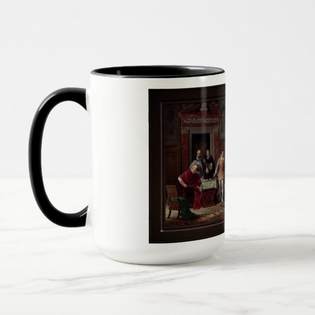 Leonardo da Cutro and Ruy Lopez Play Chess Mug (Left)