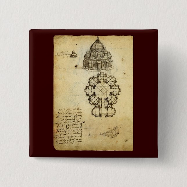 Leonardo da Vinci's Architectural Cathedral Study 2 Inch Square Button (Front)