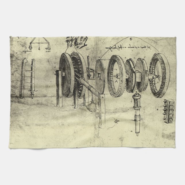 Leonardo da Vinci's Engineering Sketch of a Wheel Kitchen Towel (Horizontal)