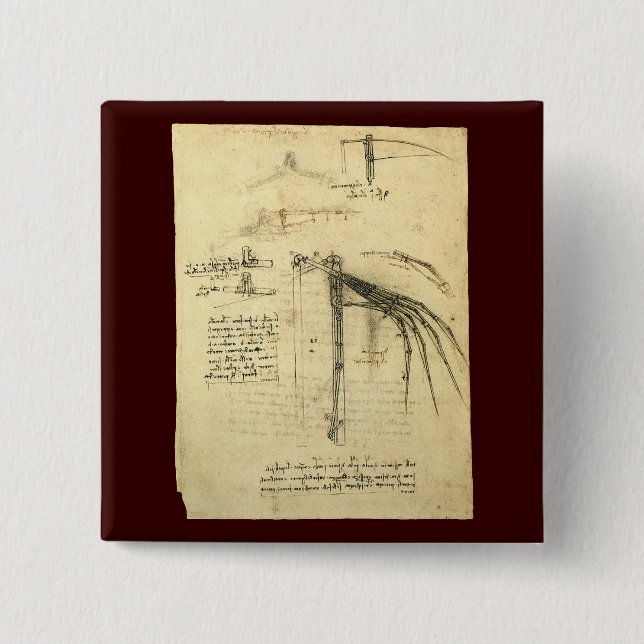 Leonardo da Vinci's Wing on Flying Machine Sketch 2 Inch Square Button (Front)