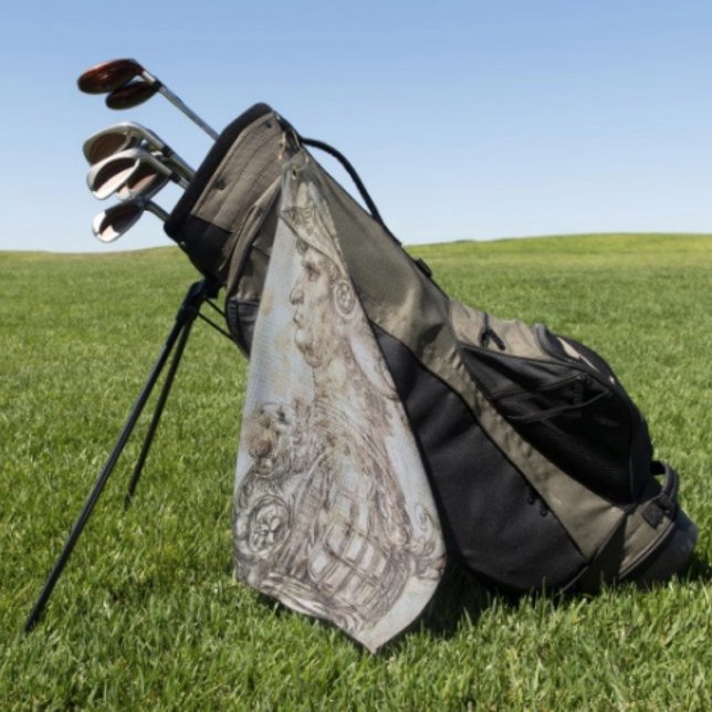 Leonardo’s Helmeted Warrior  Golf Towel (Da Vinci’s Warrior Golf Towel  poly blend D: 16" x 24". Grommet brass plated hook. Machine washable.)