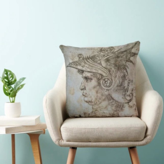 Leonardo’s Helmeted Warrior  Throw Pillow (Da Vinci’s Ancient Warrior Sketch pillow  100% polyester hidden zipper enclosure. Made in the USA. 
)