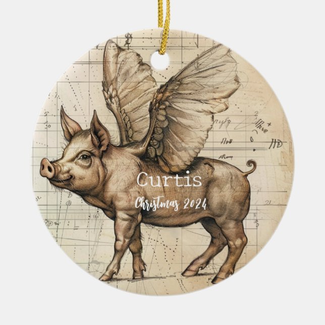 Leonardo Sketchbook Flying Pig OrnamePersonalized  Ceramic Ornament (Front)