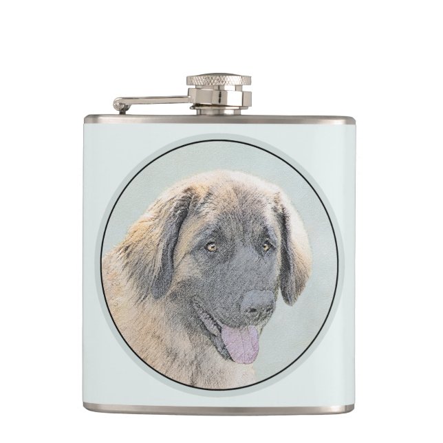 Leonberger Painting - Cute Original Dog Art Hip Flask (Front)