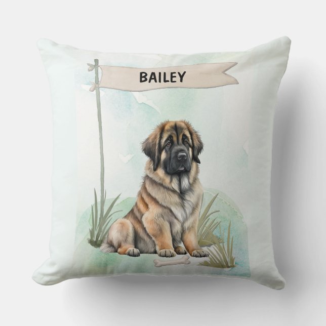 Leonberger Watercolor Personalized Dog Throw Pillow (Front)