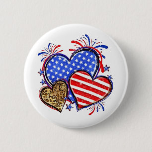 Leopard American Flag Heart 4th of July USA  2 Inch Round Button