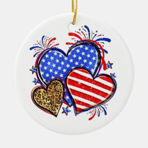 Leopard American Flag Heart 4th of July USA  Ceramic Ornament