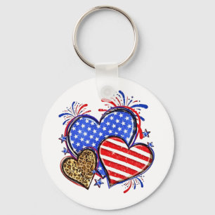Leopard American Flag Heart 4th of July USA Keychain