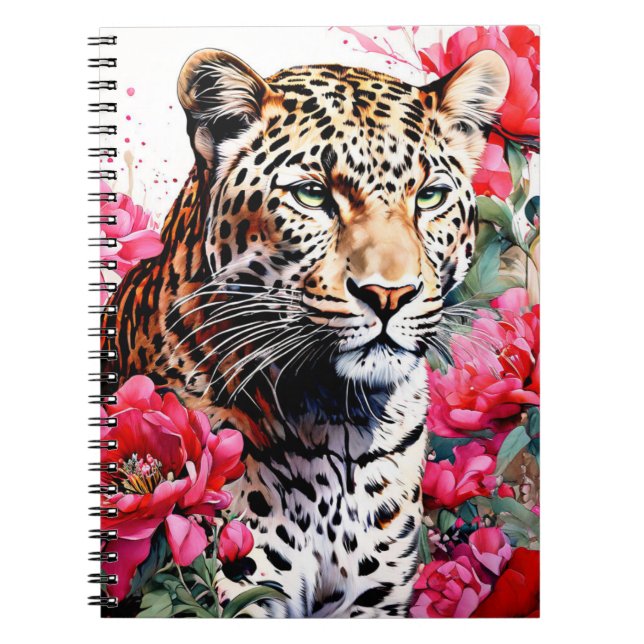 Leopard Among Pink Peonie Flowers Notebook Journal (Front)