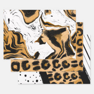 Leopard and Black and White Stripes and Polka Dots Wrapping Paper Sheet