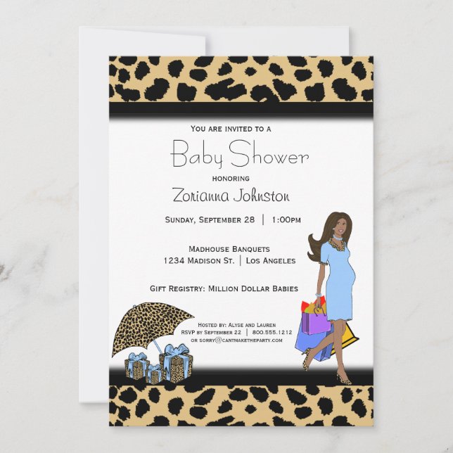 Leopard And Blue Print African American Mommy Invitation (Front)