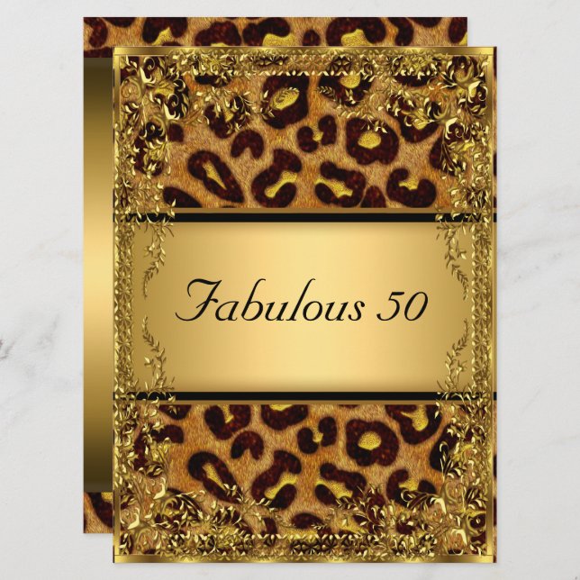 Leopard  and Gold Fabulous at 50 Birthday Party Invitation (Front/Back)