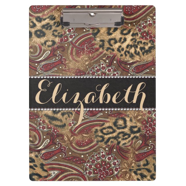 Leopard and Paisley Pattern Print to Personalize Clipboard (Front)