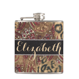 Leopard and Paisley Pattern Print to Personalize Hip Flask