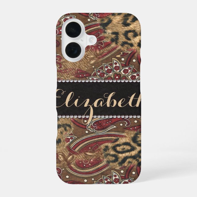 Leopard and Paisley Pattern Print to Personalize iPhone 16 Case (Back)