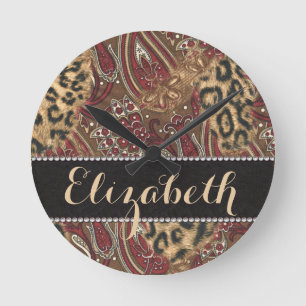 Leopard and Paisley Pattern Print to Personalize Round Clock