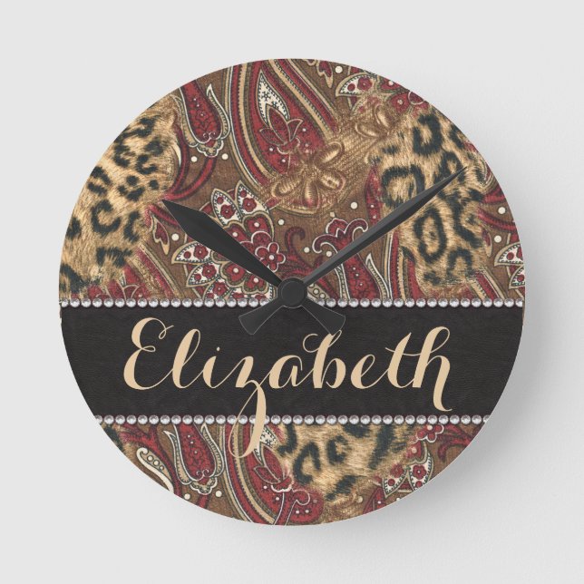 Leopard and Paisley Pattern Print to Personalize Round Clock (Front)