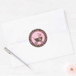 Leopard and Pink Carriage Baby Shower Classic Round Sticker