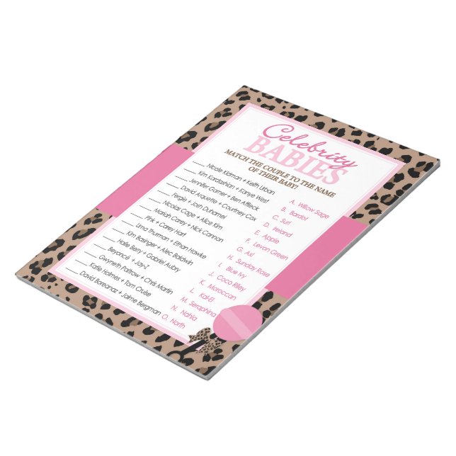 Leopard and Pink Celebrity Babies Shower Pack Game Notepad (Angled)