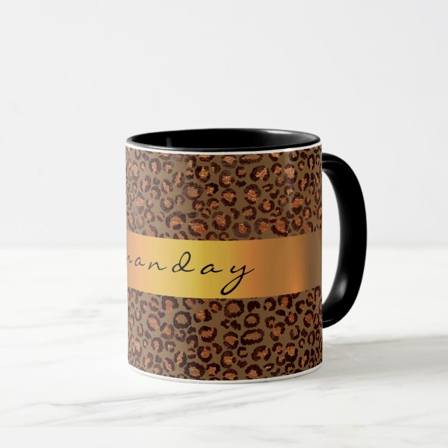 Leopard Animal Black Honey Gold Stripe Name Coffe Mug (Front Right)