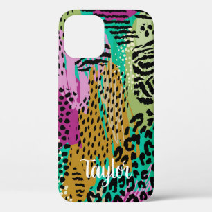 Leopard Animal Colourful Print Personalized Name iPhone 12 Case