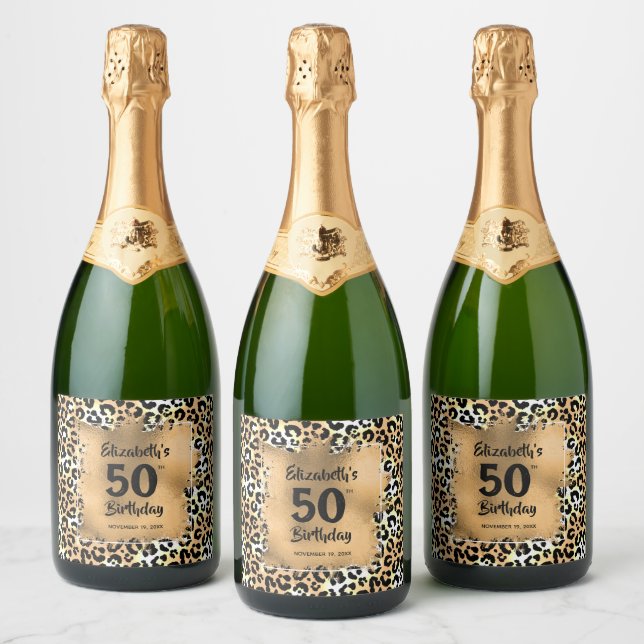Leopard Animal Print 50th Birthday Personalized Sparkling Wine Label (Bottles)