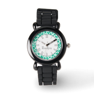 Leopard animal print aqua teal name wrist watch