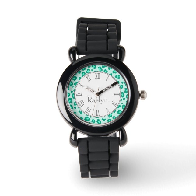 Leopard animal print aqua teal name wrist watch (Front)