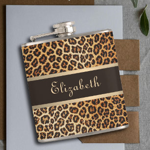 Leopard Animal Print Brown & Gold Stripe Glamour Hip Flask