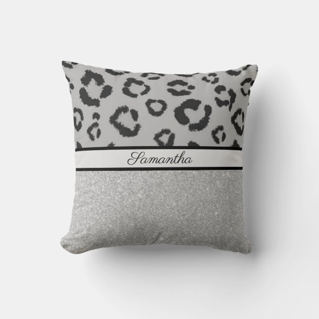 Leopard Animal Print Cheetah Glitter Silver Throw Pillow (Front)