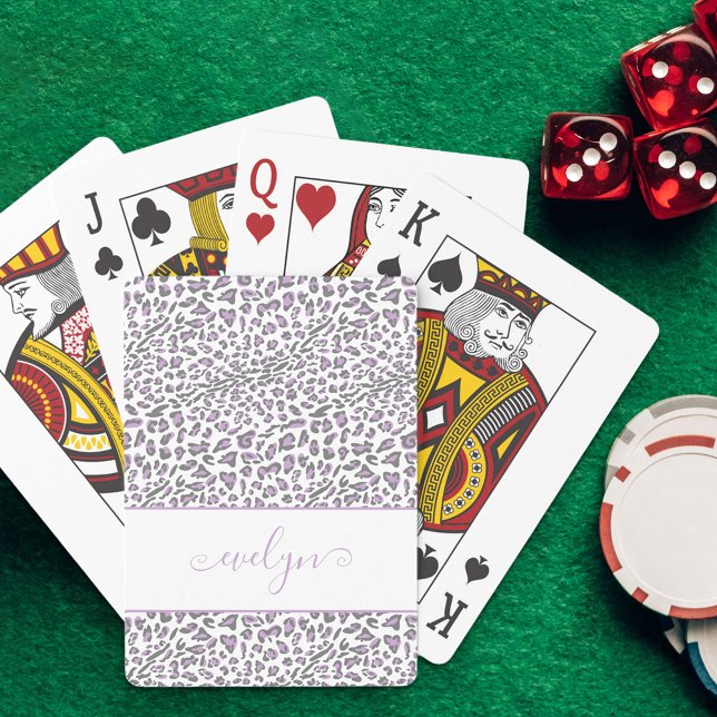 Leopard Animal Print Cream Lilac Grey Script Name Playing Cards (Creator Uploaded)