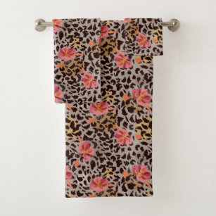 Leopard Animal Print Floral Pattern Bath Towel Set