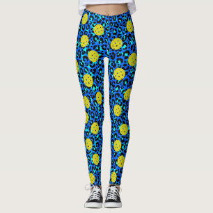 Leopard Animal Print Fun Blue Yellow Pickleball Leggings