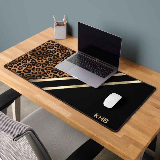 Leopard Animal Print, Gold and Black - Monogram Desk Mat (Office 2)