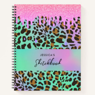 Leopard Animal Print Holographic Glitter Drips Notebook